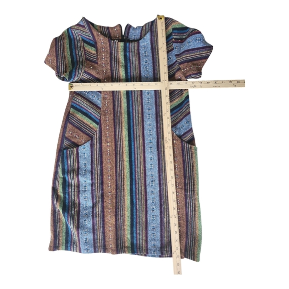 BoHo Hippie Drug Rug Carpet Striped Multicolor Short Sleeve Dress with Pockets L - Picture 11 of 11